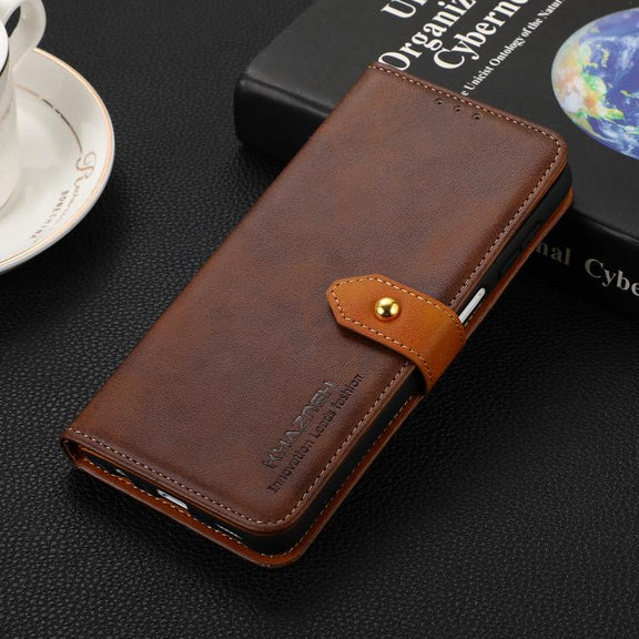 For iPhone 17 Pro KHAZNEH Dual-color Cowhide Texture Flip Leather Phone Case(Brown)