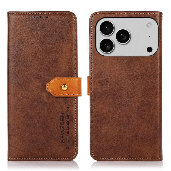 For iPhone 17 Pro KHAZNEH Dual-color Cowhide Texture Flip Leather Phone Case(Brown)