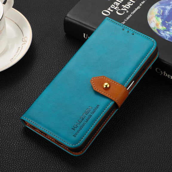 For iPhone 17 Air KHAZNEH Dual-color Cowhide Texture Flip Leather Phone Case(Blue)