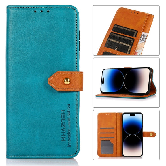 For iPhone 17 Air KHAZNEH Dual-color Cowhide Texture Flip Leather Phone Case(Blue)