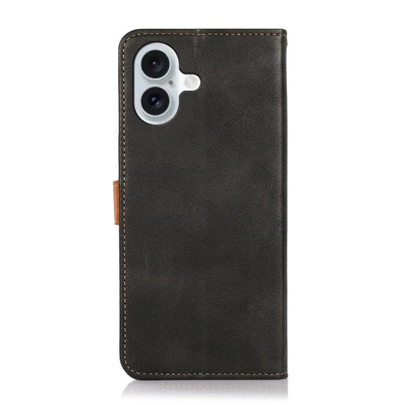 For iPhone 16 KHAZNEH Dual-color Cowhide Texture Flip Leather Phone Case(Black)