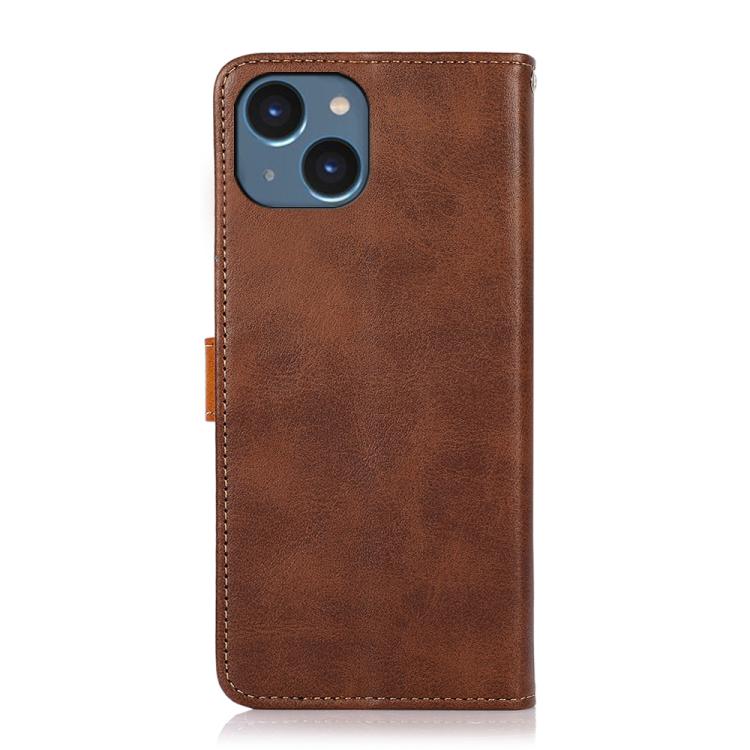 For iPhone 15 KHAZNEH Dual-color Cowhide Texture Flip Leather Phone Case(Brown) - iPhone 16e Cases by PMC TechLife | Online Shopping South Africa | PMC TechLife | Buy Now Pay Later Mobicred