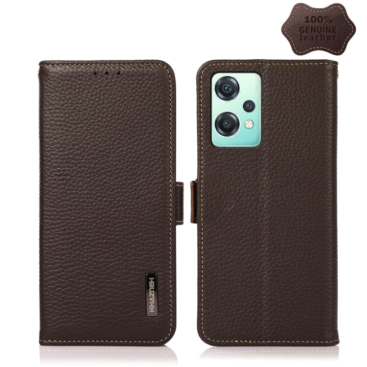 For OnePlus Nord CE 2 Lite 5G KHAZNEH Side-Magnetic Litchi Genuine Leather RFID Phone Case(Brown) - OnePlus Cases by PMC TechLife | Online Shopping South Africa | PMC TechLife | Buy Now Pay Later Mobicred