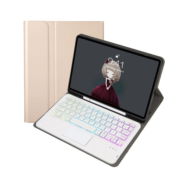 A102B-AS Lambskin Pen Slot Touch Pad Backlight Bluetooth Keyboard Leather Tablet Case For iPad 10.2 2021&2020&2019/Air 2019/Pro 10.5(Gold)
