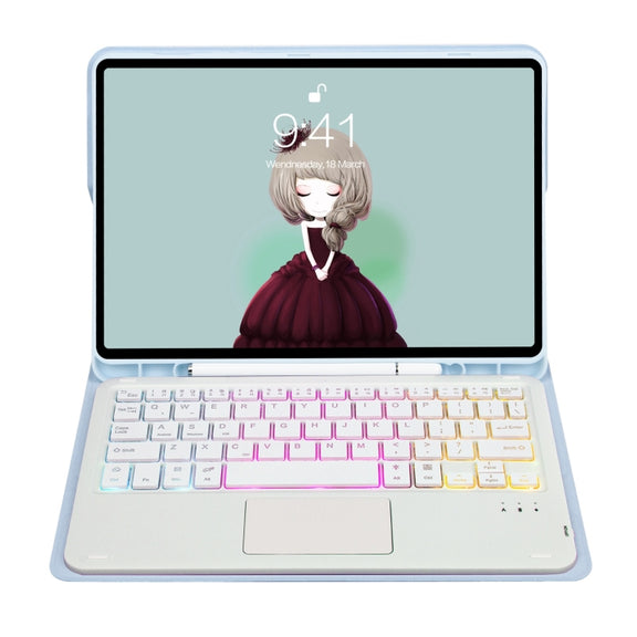 T07B-AS Skin Feel Pen Slot Touch Pad Backlight Bluetooth Keyboard Leather Tablet Case For iPad 9.7 2018&2017 / Pro 9.7 / Air 2(Sky Blue)