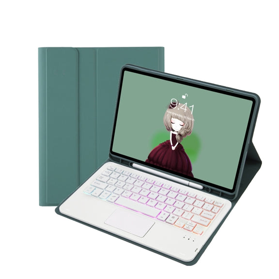 T07B-AS Skin Feel Pen Slot Touch Pad Backlight Bluetooth Keyboard Leather Tablet Case For iPad 9.7 2018&2017 / Pro 9.7 / Air 2(Dark Green)