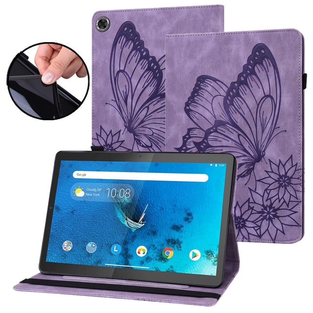 For Lenovo M10 Plus X606F Big Butterfly Embossed Leather Tablet Case(Purple)