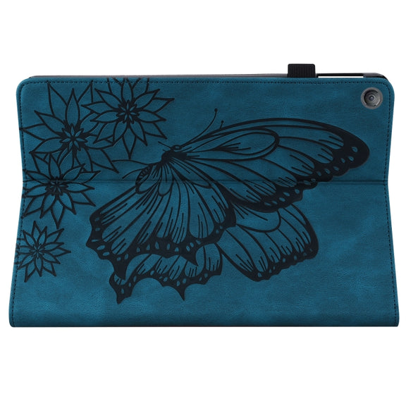For Amazon Kindle Fire HD 10 2019 / 2017 Big Butterfly Embossed Smart Leather Tablet Case(Blue)