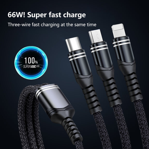 6A 66W 3 in 1 USB to 8 Pin + Micro USB + USB-C / Type-CFast Charging Braided Data Cable(Blue)