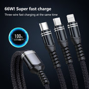 6A 66W 3 in 1 USB to 8 Pin + Micro USB + USB-C / Type-CFast Charging Braided Data Cable(Black)