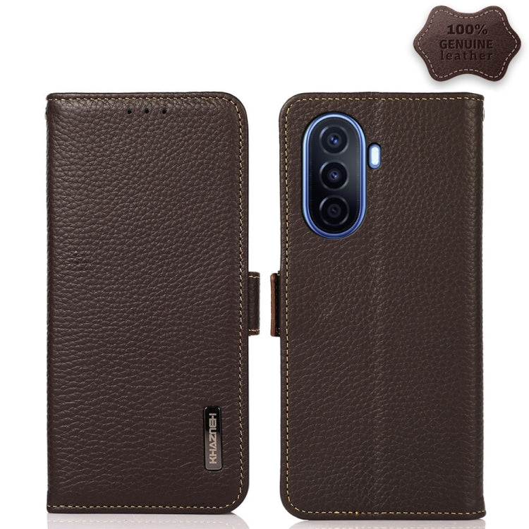 For Huawei nova Y70 Plus KHAZNEH Side-Magnetic Litchi Genuine Leather RFID Phone Case(Brown) - Huawei Cases by PMC TechLife | Online Shopping South Africa | PMC TechLife | Buy Now Pay Later Mobicred