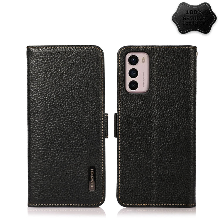 For Motorola Moto G42 KHAZNEH Side-Magnetic Litchi Genuine Leather RFID Phone Case(Black) - Motorola Cases by PMC TechLife | Online Shopping South Africa | PMC TechLife | Buy Now Pay Later Mobicred