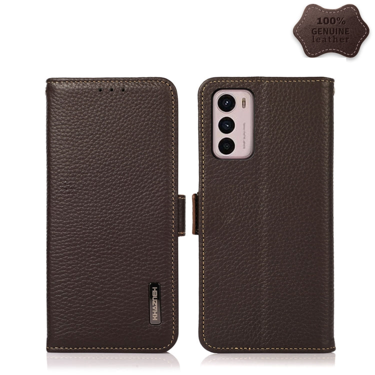 For Motorola Moto G42 KHAZNEH Side-Magnetic Litchi Genuine Leather RFID Phone Case(Brown) - Motorola Cases by PMC TechLife | Online Shopping South Africa | PMC TechLife | Buy Now Pay Later Mobicred
