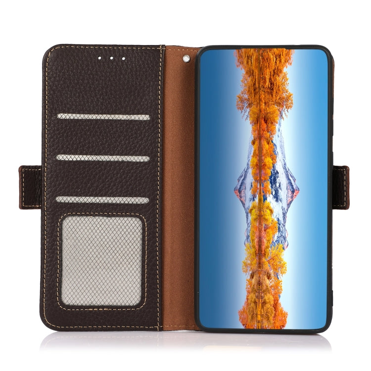 For Motorola Moto G42 KHAZNEH Side-Magnetic Litchi Genuine Leather RFID Phone Case(Brown)