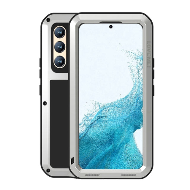 For Samsung Galaxy S22+ LOVE MEI Metal Shockproof Water-resistant Dustproof Protective Phone Case with Glass(Silver)