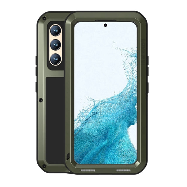 For Samsung Galaxy S22+ LOVE MEI Metal Shockproof Water-resistant Dustproof Protective Phone Case with Glass(Army Green)