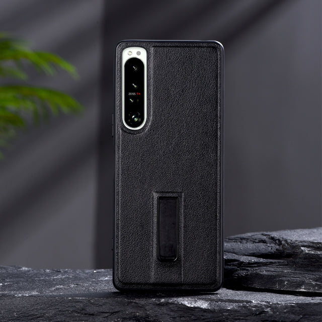 For Sony Xperia 1 III PC + Leather Texture Protective Phone Case with Metal Holder(Black)