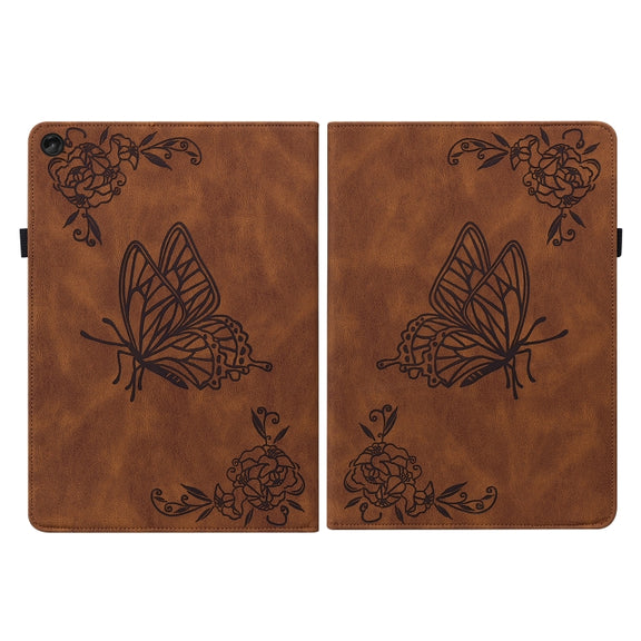 For Lenovo Tab M10 10.1 3rd Gen Butterfly Flower Embossed Leather Tablet Case(Brown)