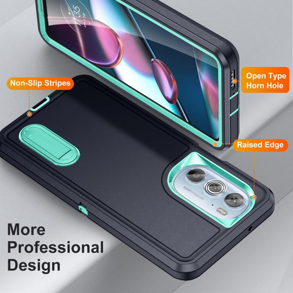 For Motorola Edge 30 Pro 3 in 1 Rugged Holder Phone Case(Dark Blue+Light Blue)