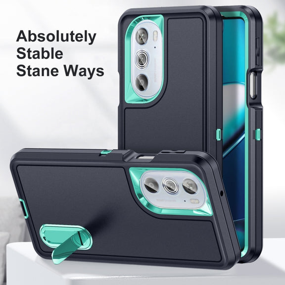 For Motorola Edge 30 Pro 3 in 1 Rugged Holder Phone Case(Dark Blue+Light Blue)