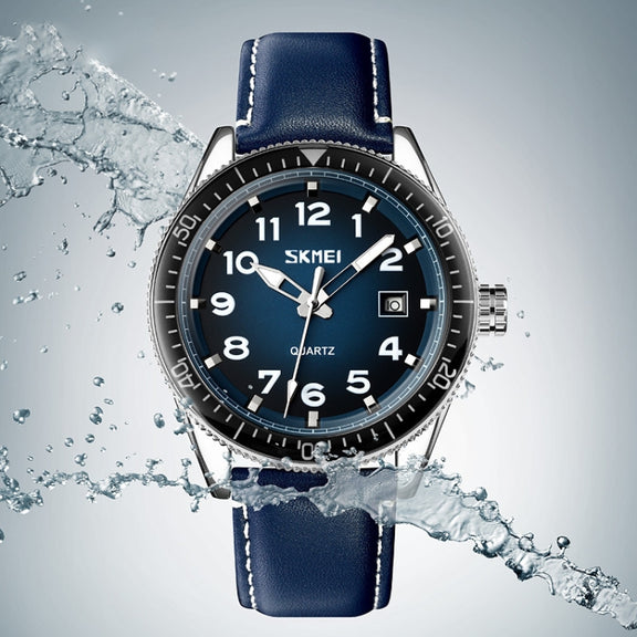SKMEI 9232 Stainless Steel Buckle Glass Mirror Water-resistant Resistant Quartz Watch(Silver Shell Blue Surface)