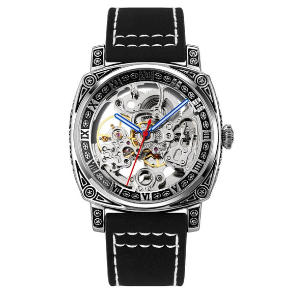 SKMEI 9271 Stainless Steel Buckle Leather Strap Water-resistant Mechanical Watch(Black)