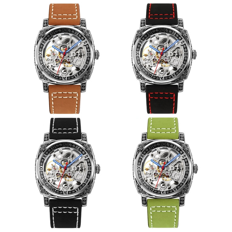 SKMEI 9271 Stainless Steel Buckle Leather Strap Water-resistant Mechanical Watch(Red)