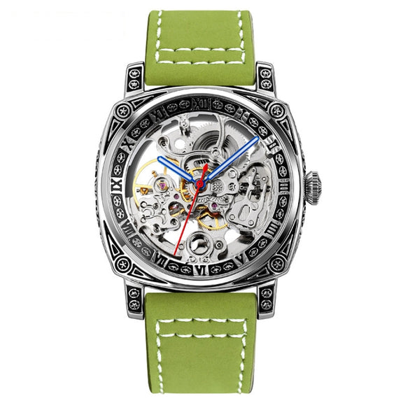 SKMEI 9271 Stainless Steel Buckle Leather Strap Water-resistant Mechanical Watch(Green)