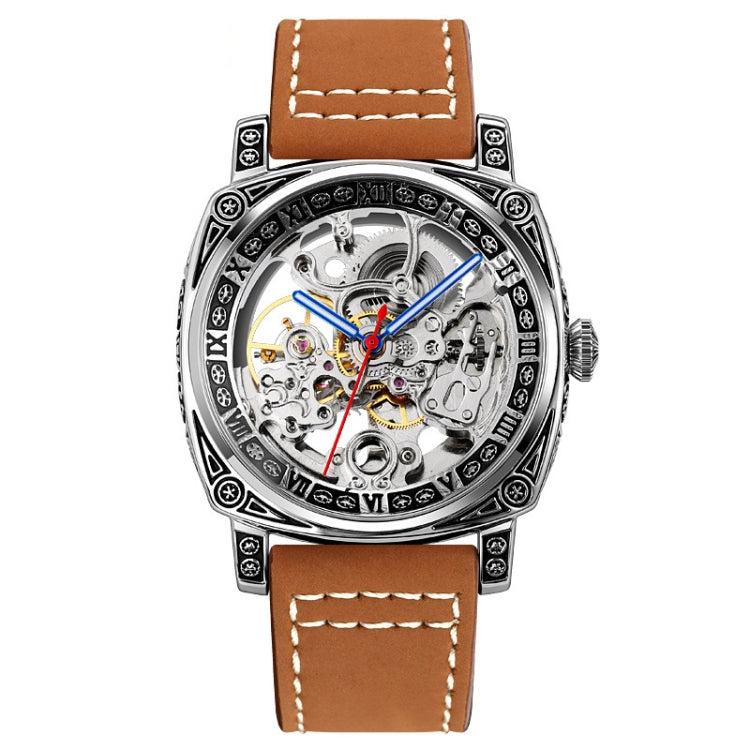SKMEI 9271 Stainless Steel Buckle Leather Strap Waterproof Mechanical Watch(Brown) - free shipping - PMC TechLife - Order now!
