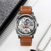 SKMEI 9271 Stainless Steel Buckle Leather Strap Water-resistant Mechanical Watch(Black)
