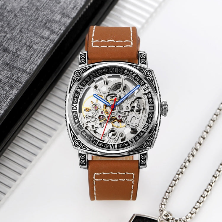 SKMEI 9271 Stainless Steel Buckle Leather Strap Water-resistant Mechanical Watch(Black)