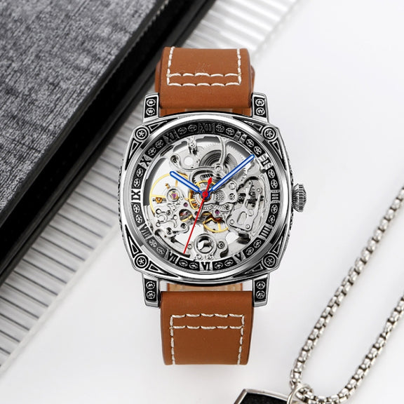 SKMEI 9271 Stainless Steel Buckle Leather Strap Water-resistant Mechanical Watch(Red)