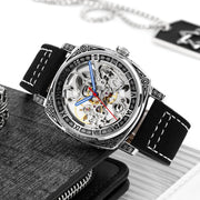 SKMEI 9271 Stainless Steel Buckle Leather Strap Water-resistant Mechanical Watch(Red)