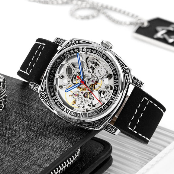 SKMEI 9271 Stainless Steel Buckle Leather Strap Water-resistant Mechanical Watch(Red)