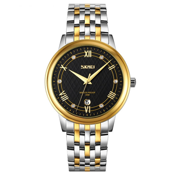 SKMEI 9272 Stainless Steel Buckle Strap Water-resistant Quartz Watch Man(Gold and Black)