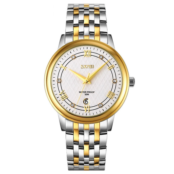 SKMEI 9272 Stainless Steel Buckle Strap Water-resistant Quartz Watch Man(Gold and Silver)