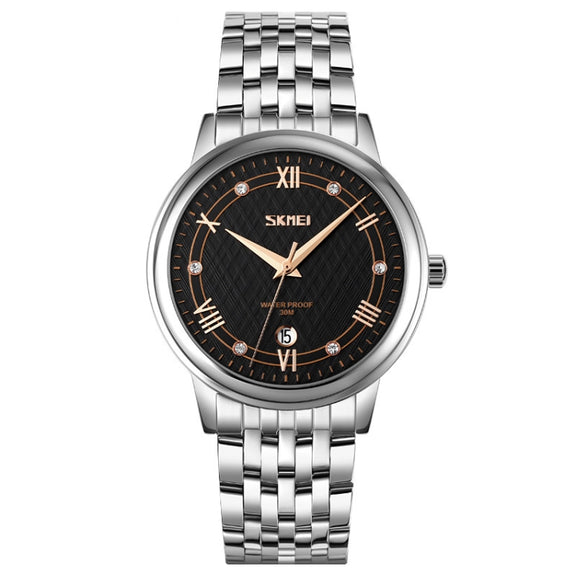 SKMEI 9272 Stainless Steel Buckle Strap Water-resistant Quartz Watch Man(Silver Shell Black Surface)