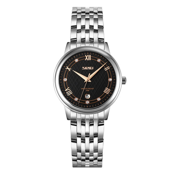 SKMEI 9272 Stainless Steel Buckle Strap Water-resistant Quartz Watch Women(Silver Shell Black Surface)