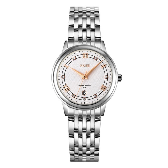 SKMEI 9272 Stainless Steel Buckle Strap Water-resistant Quartz Watch Women(Silver Shell Silver Surface)
