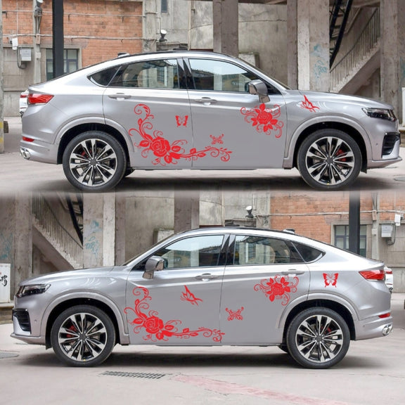2 PCS/Set D-72 Butterfly Love Flower Pattern Car Modified Decorative Sticker(Red)