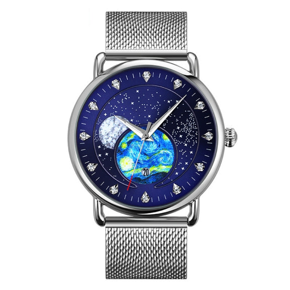 SKMEI 9283 Stainless Steel Buckle Glass Mirror Water-resistant Quartz Watch, Shape:Steel Belt(Blue)
