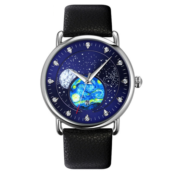SKMEI 9283 Stainless Steel Buckle Glass Mirror Water-resistant Quartz Watch, Shape:Leather Belt(Blue)