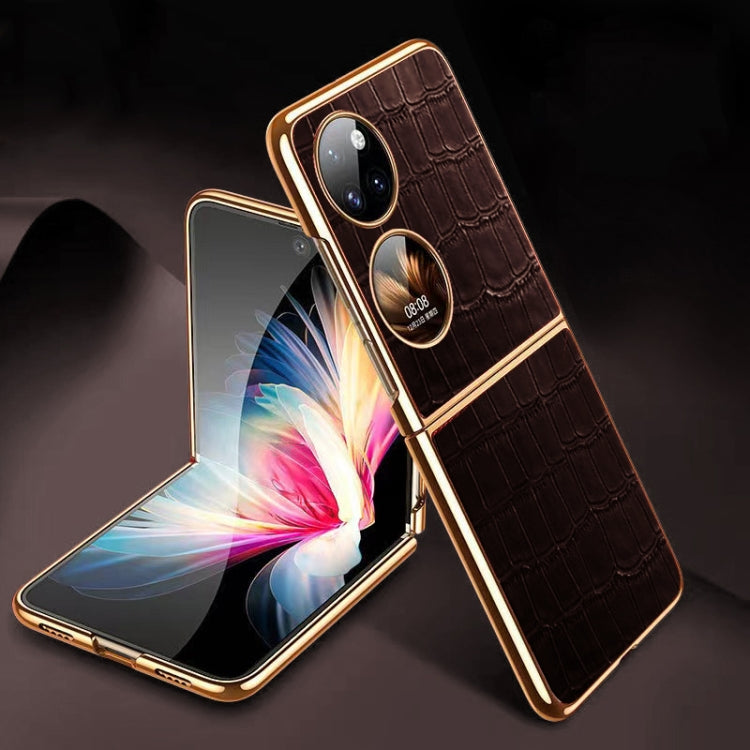 For Huawei P50 Pocket Genuine Leather Crocodile Texture Folding Phone Case(Brown) - Huawei Cases by PMC TechLife | Online Shopping South Africa | PMC TechLife | Buy Now Pay Later Mobicred