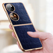 For Huawei P50 Pocket Genuine Leather Crocodile Texture Folding Phone Case(Blue)