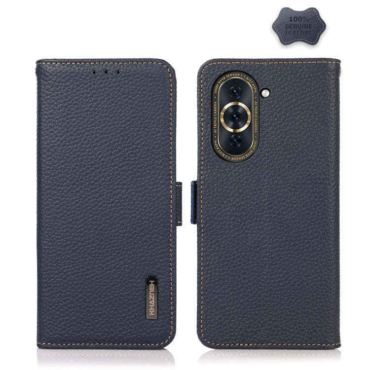 For Huawei Nova 10 KHAZNEH Side-Magnetic Litchi Genuine Leather RFID Phone Case(Blue) - Huawei Cases by PMC TechLife | Online Shopping South Africa | PMC TechLife | Buy Now Pay Later Mobicred