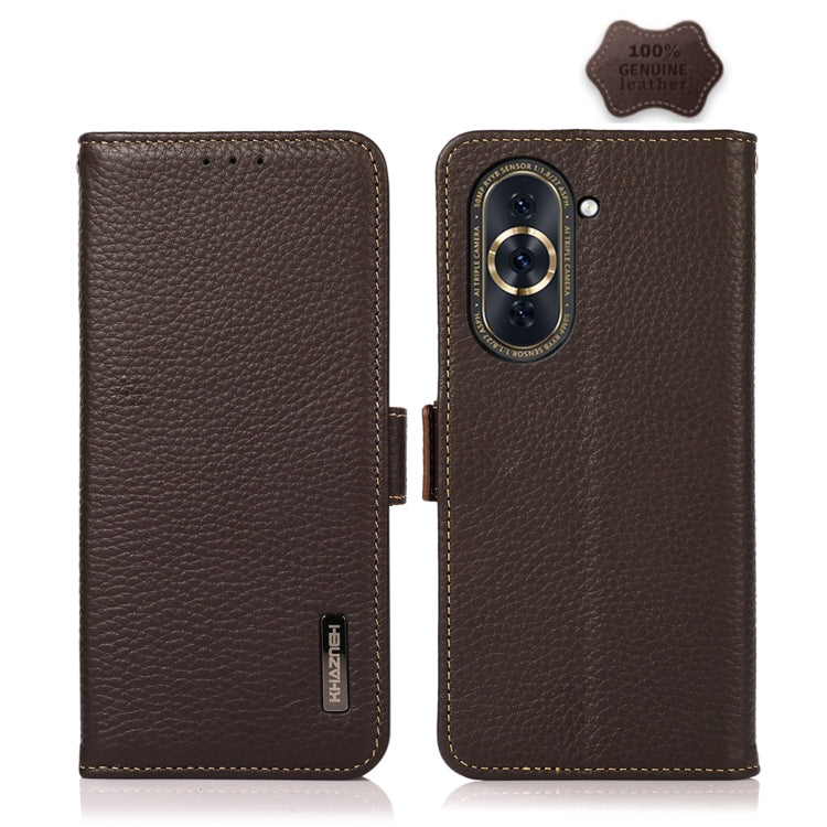 For Huawei Nova 10 Pro KHAZNEH Side-Magnetic Litchi Genuine Leather RFID Phone Case(Brown) - Huawei Cases by PMC TechLife | Online Shopping South Africa | PMC TechLife | Buy Now Pay Later Mobicred