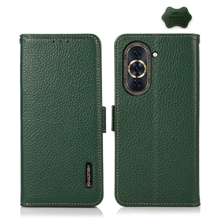 For Huawei Nova 10 Pro KHAZNEH Side-Magnetic Litchi Genuine Leather RFID Phone Case(Green) - Huawei Cases by PMC TechLife | Online Shopping South Africa | PMC TechLife | Buy Now Pay Later Mobicred