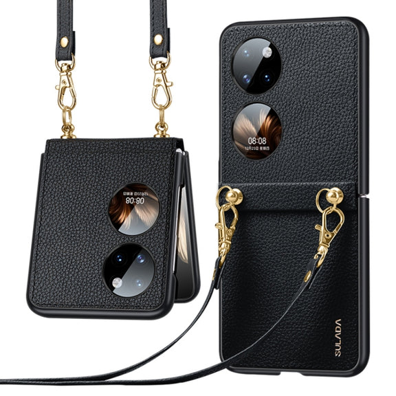 For Huawei P50 Pocket SULADA Litchi Texture Leather + TPU Phone Case with Strap(Black)