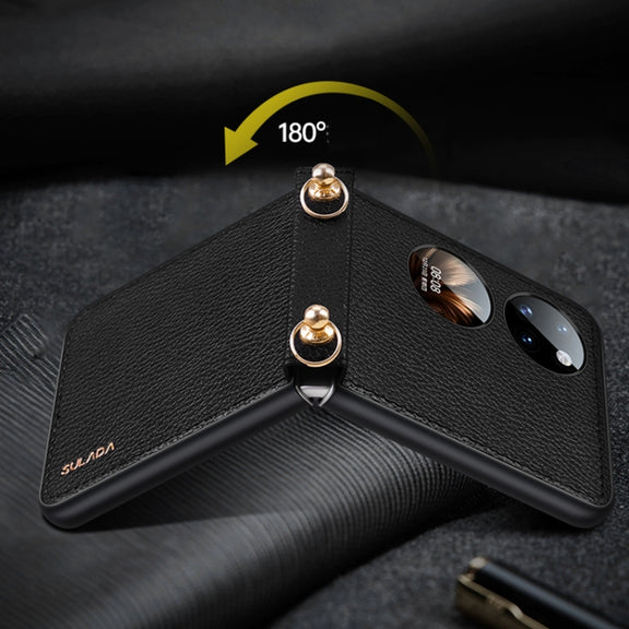 For Huawei P50 Pocket SULADA Litchi Texture Leather + TPU Phone Case with Strap(Black)