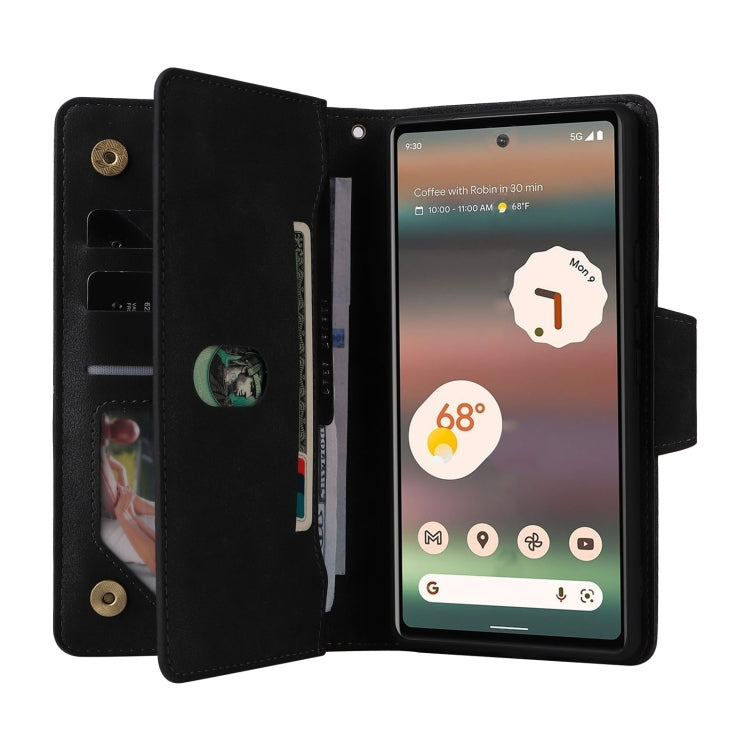 For Google Pixel 6a Rivet Buckle 9 Cards Three Fold Leather Phone Case(Black) - Google Cases by PMC TechLife | Online Shopping South Africa | PMC TechLife | Buy Now Pay Later Mobicred